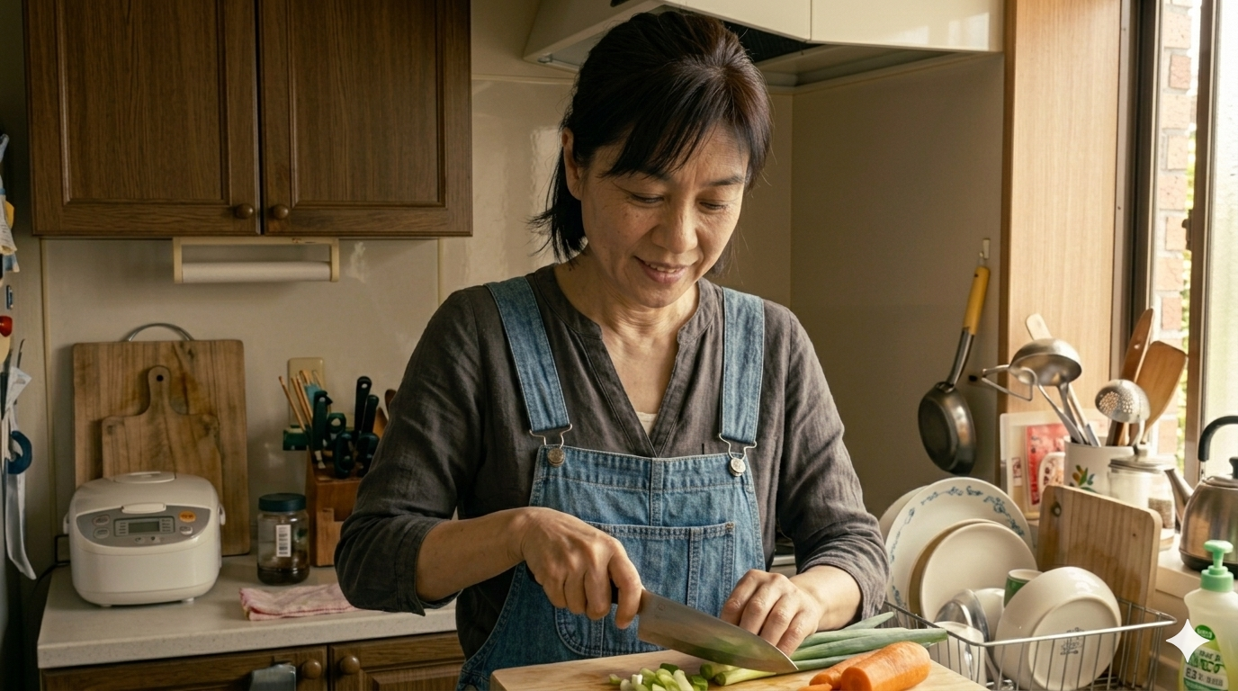 A home cook preparing Chinese food in a warm kitchen