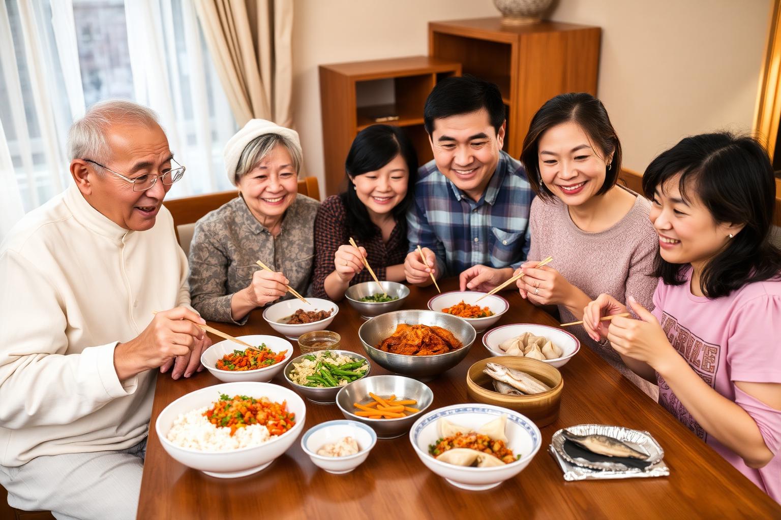 A multi-generational family enjoying a home-cooked Chinese meal